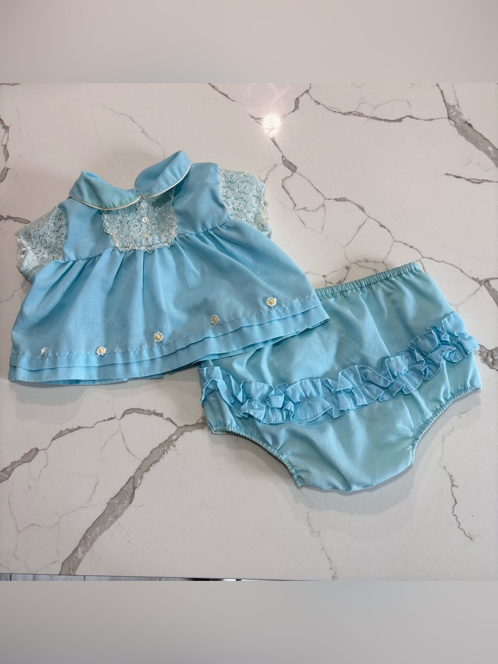 Vintage 1970s Handmade Blue Baby Girl Lace Ruffle Top & Bloomers Set 3-6 Months
